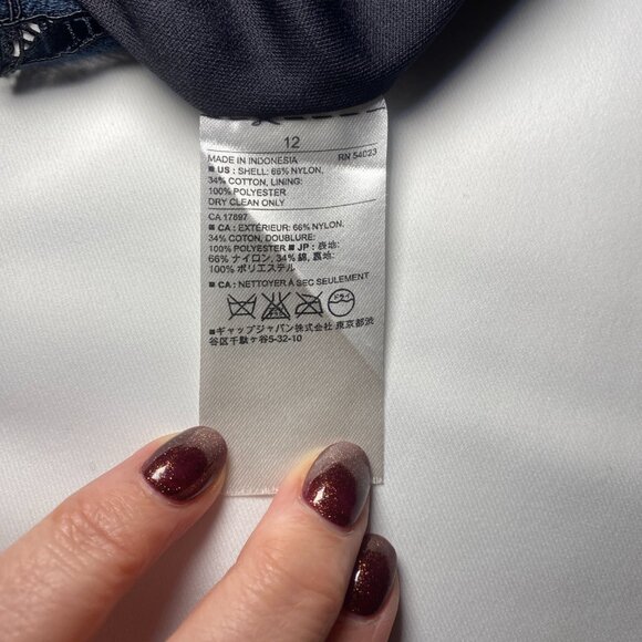 Banana Republic Navy Blue Lace Overlay Sheath Cocktail Dress Womens Raw 12 EUC - Picture 7 of 8